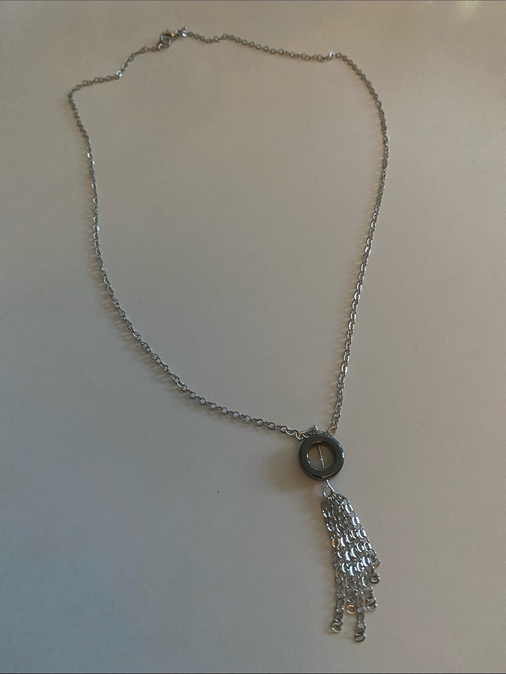 Good Vibes Only Sterling Silver Tone Tassel Hematite Circle Pendant Necklace